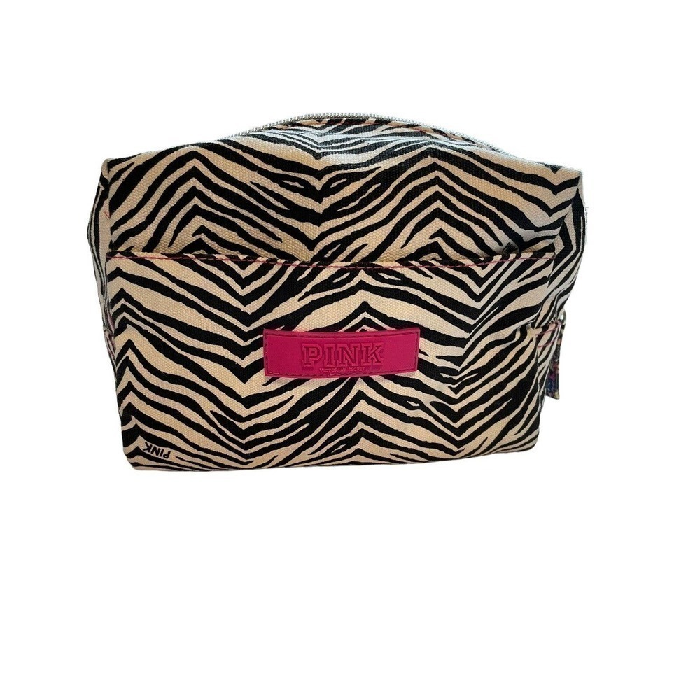 Victoria's Secret Pink Zebra Stripe Makeup Bag LOGO Outer Pocket Zip Close